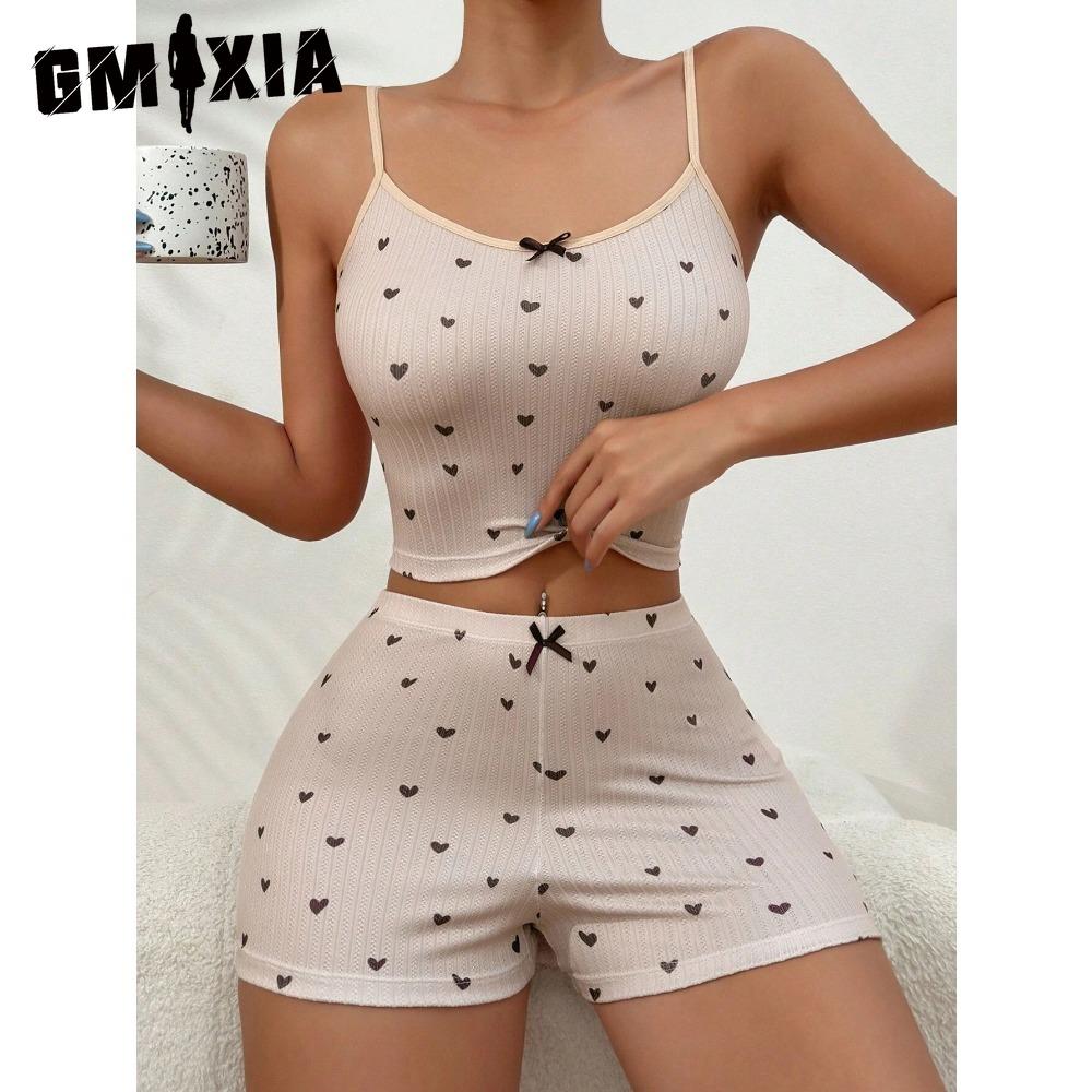 GMXIA Summer Homewear Heart-shaped Printing Bow Halter Home Leisure Suit Pajamas