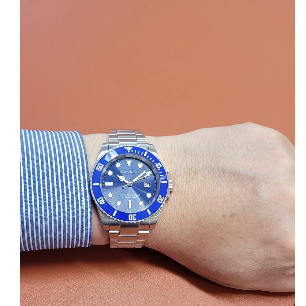 Mauro Geraldi Solar 10 ATM Water Stainless Rotating Ceramic Luminous Men's Watch, Resistant, Steel, Bezel, (MJ071-7)