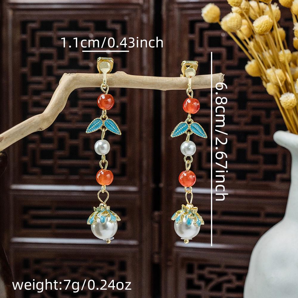 Retro Chinese Beaded Tassel Pearl Earrings for Women - Ethnic Hanfu Water Drop Ear Clips (No Piercing Required)