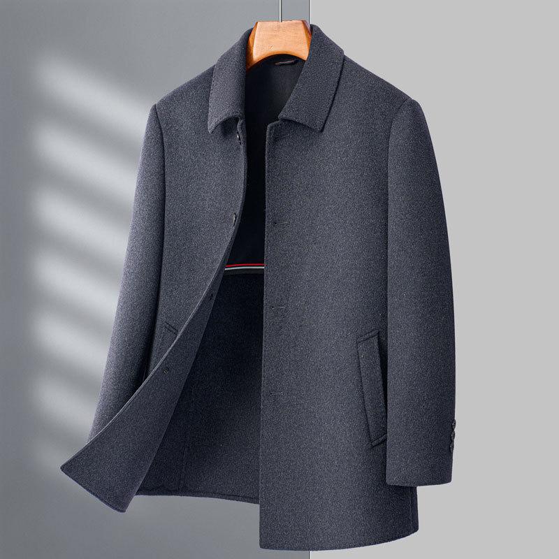 Middle-aged Double-sided Woolen Cashmere Coat for Men, Medium-length Winter Woolen Woolen Windbreaker, Thick Coat for Middle-aged and Elderly Dads