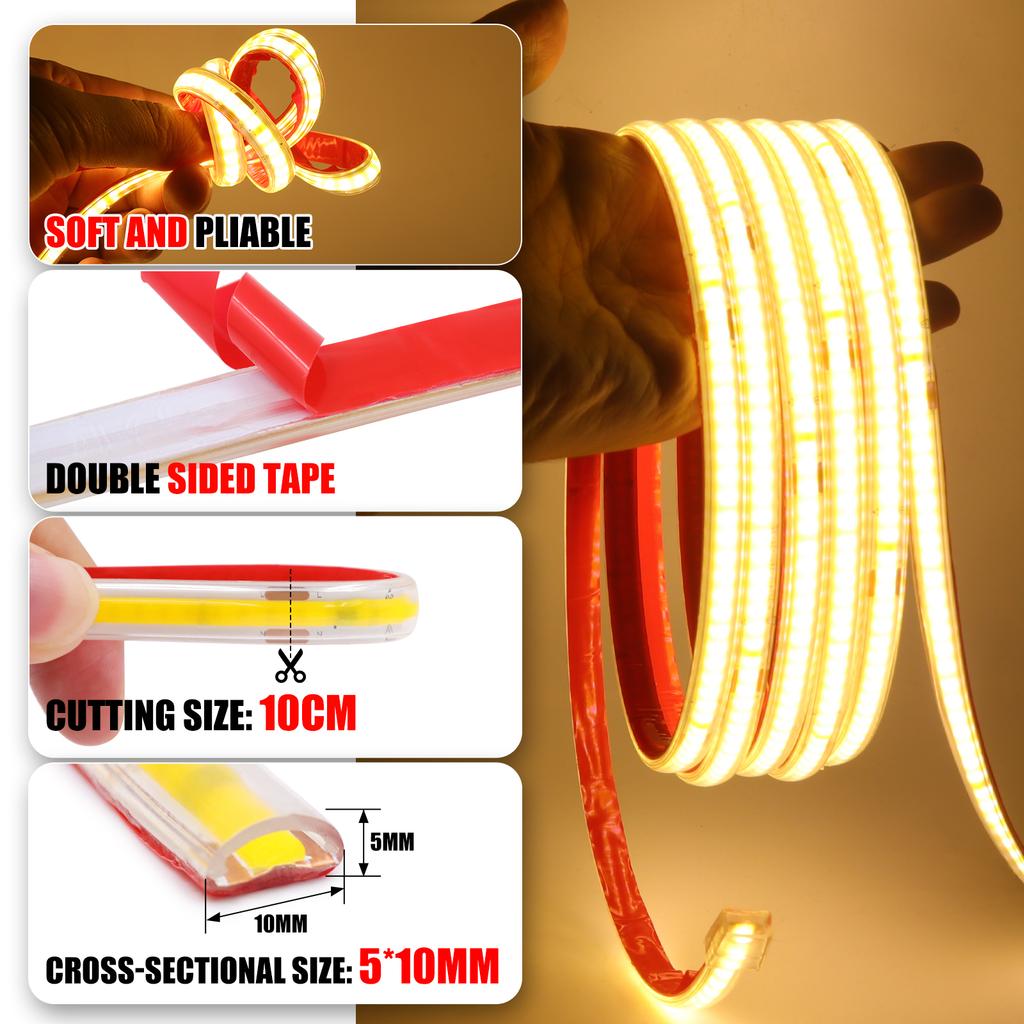 220V Dimmable COB LED Strip Kit 240 LEDs M Waterproof Flexible Neon Tape White Warm Natural Light for Home