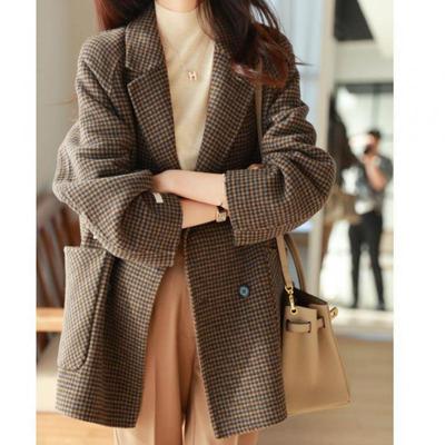Herfst Winter Losse Plaid Tweed Wollen Jas Enkelrijs Geribbelde Inkeping Dames Blazers Lange Mouw Jassen