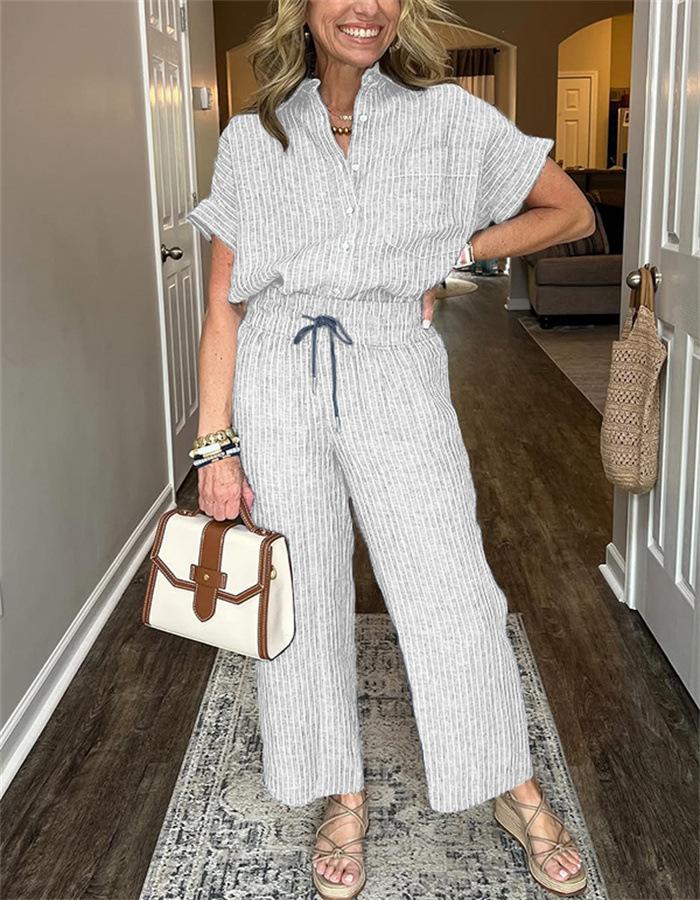 Amazon 2026 European and American cross-border summer new women s clothing suit striped lapel collar short sleeve straight trousers lazy wind S белый