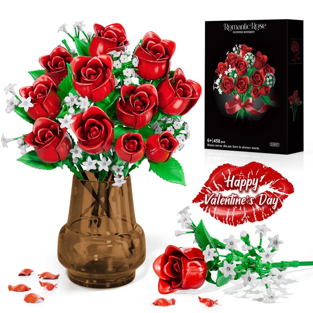 Kit de construction Bouquet de Roses Ensemble de Décoration de Fleurs Artificielles 458 Pièces Rose Rouge Romantique Cadeau Pour la Fête des Mères la Saint-Valentin