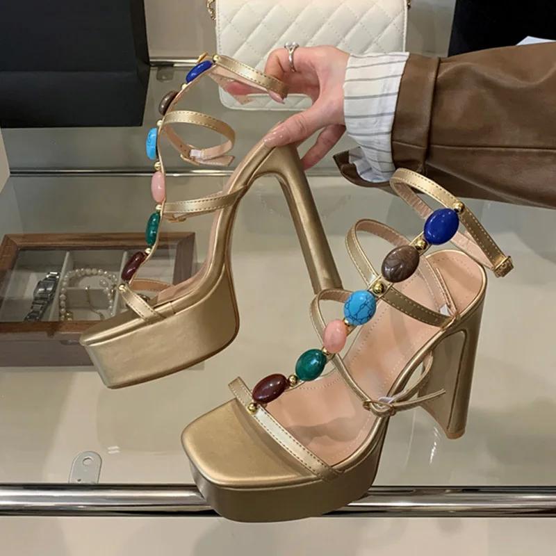 

Модный дизайн Цветной драгоценный камень Ремешок на щиколотке Женские сандалии на массивной платформе Летние с квадратным носком Супервысокий каблук Свадебные туфли для выпускного вечера 35 золотой