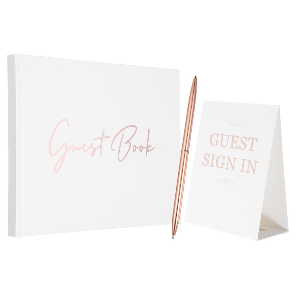 9x7" Signature Guest Book Elegant Wedding Guestbook Memory Book with Diamond Signing Pen and Greeting Card for Wed Birthday