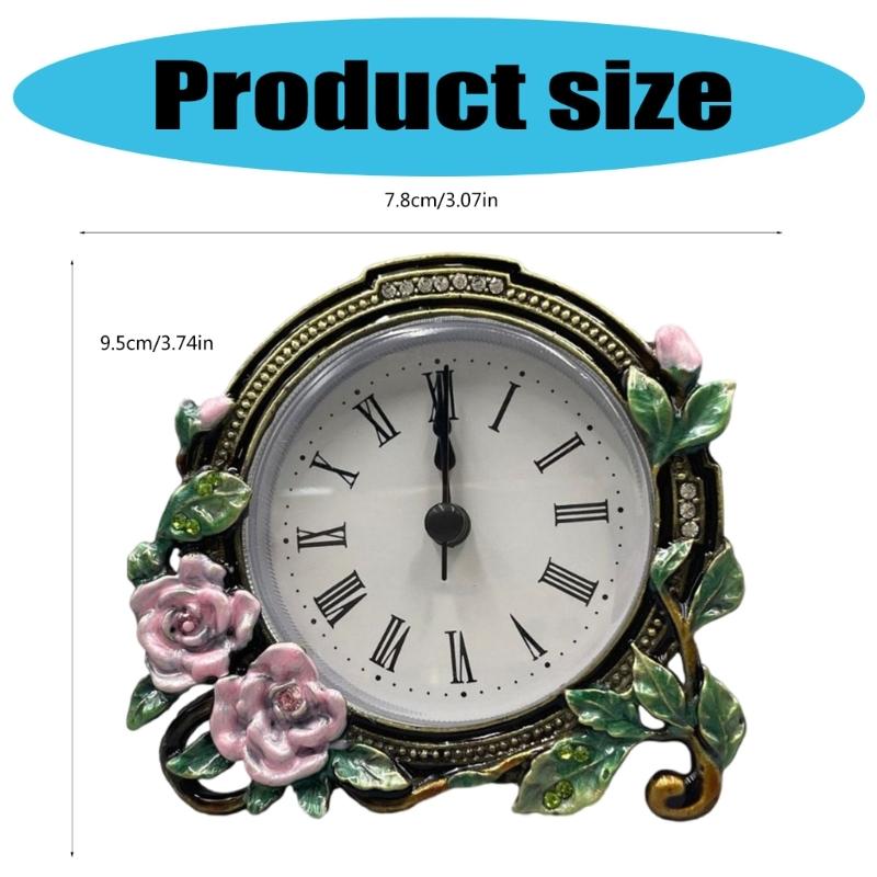 Mini Analog Table Clock Quiet Desk Clock Handpaint Metal Enamel Florals Battery Operated Clock for Shelf Bedroom Bedside