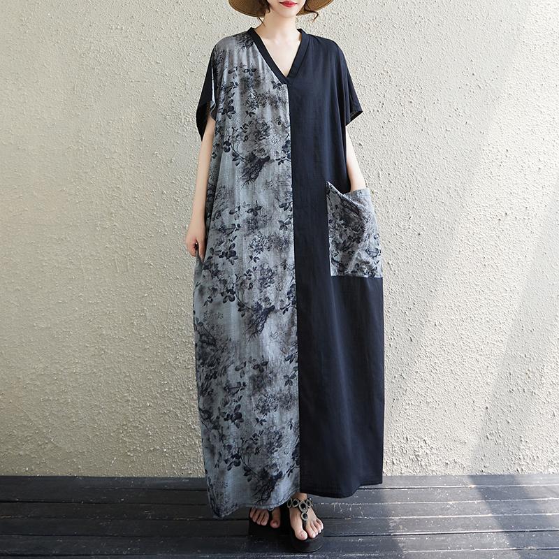 DIMANAF 2025 Women Plus Size V-Neck Summer Dress Printing Casual Basic Short Sleeve Dress Loose Long Dress