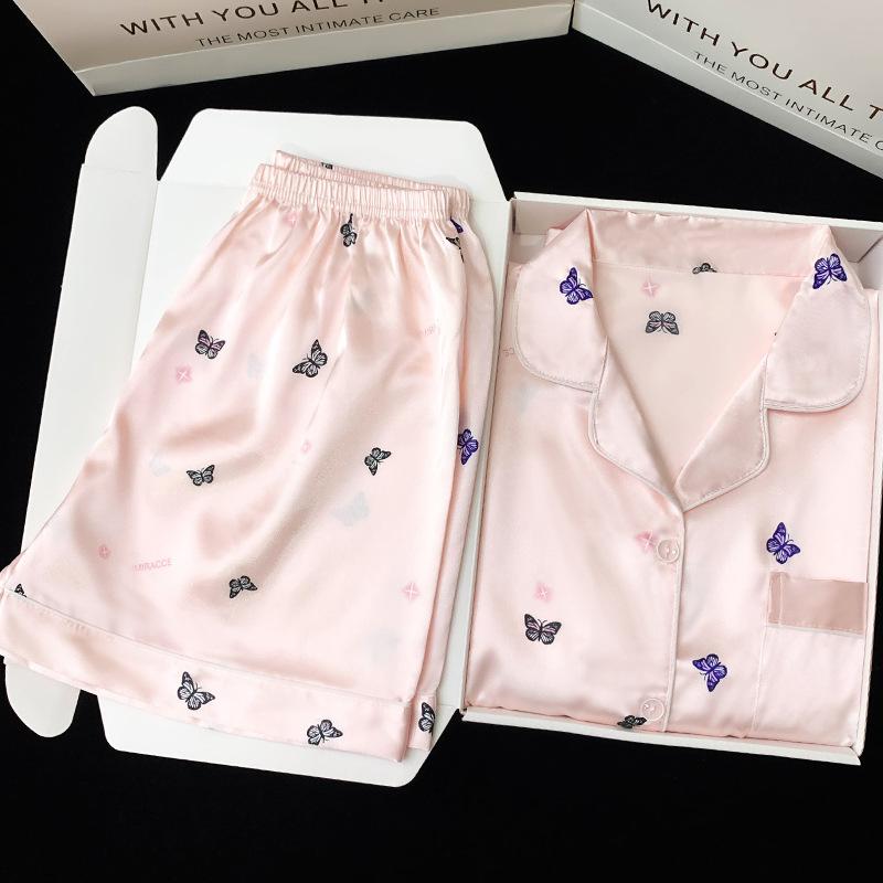 Fairy Wind Pink Butterfly Print Cool Ice Silk Pajamas Women'S Summer Short Sleeve Large Size Set