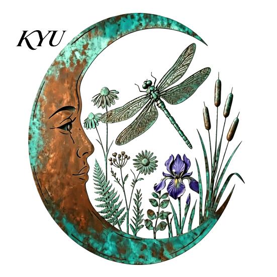 Indoor Outdoor Yard Ornaments Vintage Crescent Moon Wall Art, Fairy Witch Bee Dragonfly Iron Hanging Floral Metal Fence Accent Decor, Sculpture