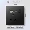 13A British Standard Socket with USB & Type-C Fast Charging, Light Switch, Black Panel for Hong Kong & Macau