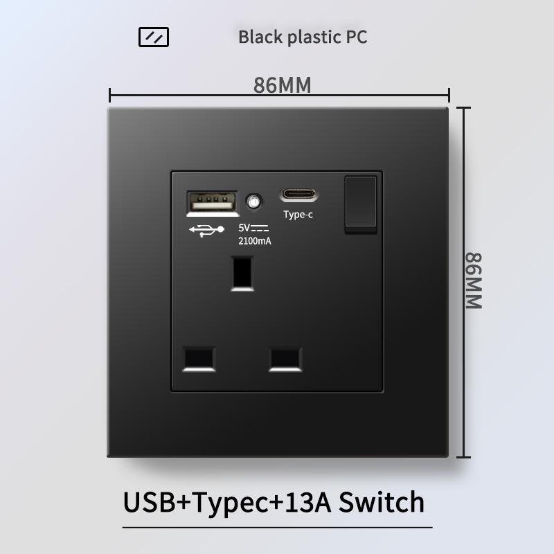 13A British Standard Socket with USB & Type-C Fast Charging, Light Switch, Black Panel for Hong Kong & Macau