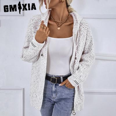 Casaco cardigan feminino com capuz e cordão, malhas com zíper, outono e inverno