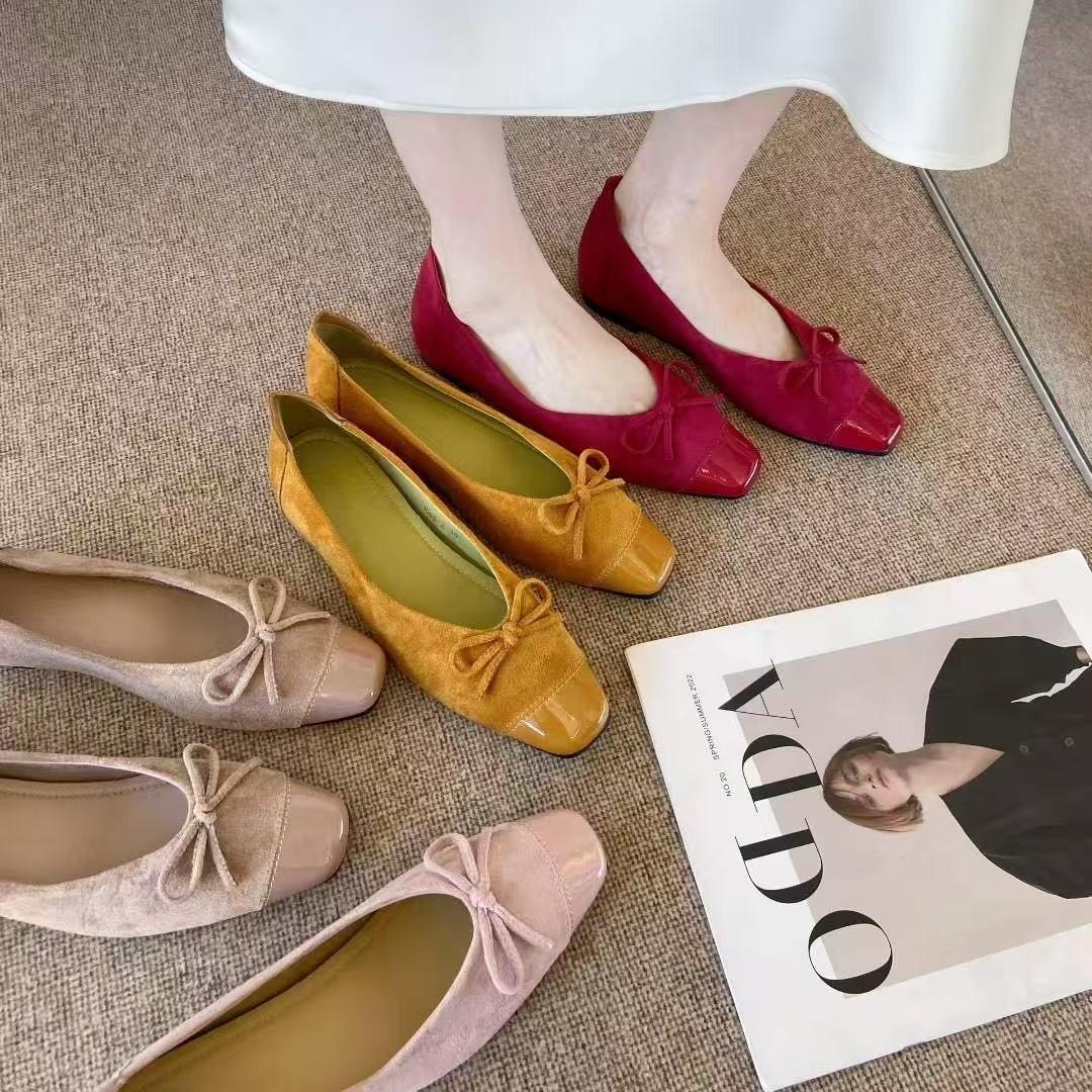 

Summer 2025 New Square Head Bow Suede Low Heel Niche Doudou Pregnant Women s Splicing Shoes 39 абрикосовый