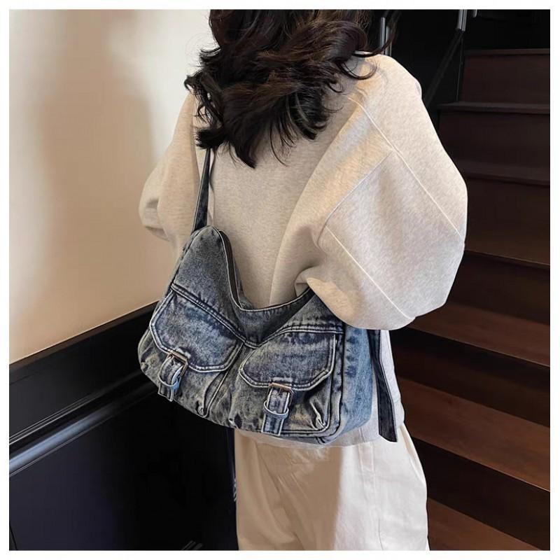Hong Kong Style Retro Denim Niche Tote Bag Large Capacity Casual All-matching Commuting Shoulder Fashionable Women's