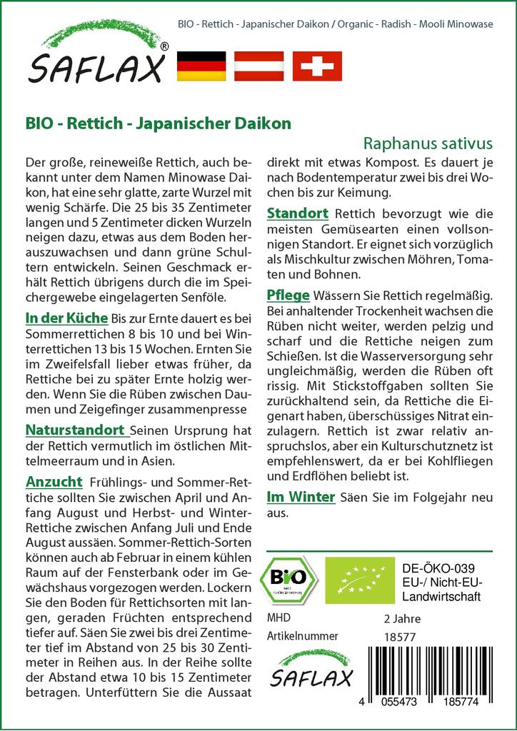 SAFLAX Dárková sada - Bio - Ředkev - Mooli Minowase - 100 semen - S dárkovou krabičkou, kartou, štítkem a substrátem - Raphanus sativus