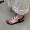 Beautiful with Skirt Flat-bottomed Flip-flops Women's One-word with Rhinestones Toe Vacation Wind Beach Sandals