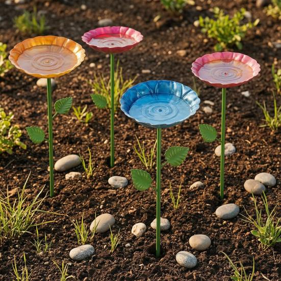 4Pcs Metal Flower Bird Baths, Garden Stake Bee Water Feeder, Outdoor Pollinators Cup, Bee Drinking Station Feeder Tray for Hummingbirds Butterflies