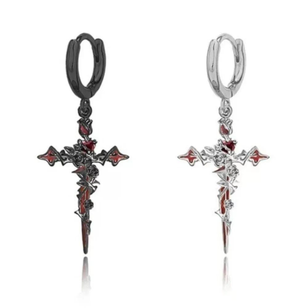 Retro Fashion Y2K Dark Gothic Punk Rose Cross Thorn Earring Unisex Piercing Ear Needle Jewelry Accessorie Pendant Necklace