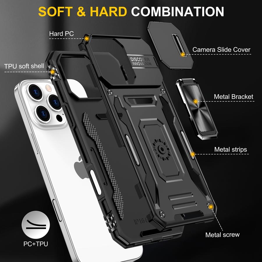 Military-Grade Armor Phone Case with Slide Camera Cover & 360° Rotating Magnetic Stand for iPhone 16 15 14 13 Shockproof Hybrid Car Mount Compatible