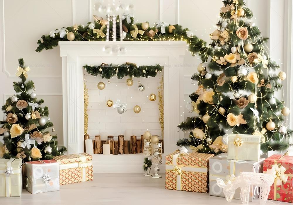 Kış Penceresi Noel Arka Planı Şömine Noel Ağacı Hediyeler Ayıcık Navidad Parti Dekorasyonu Çocuk Portre Fotoğrafçılığı Arka Planı