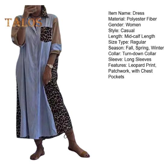 Lady Shirt Dress Leopard Print Patchwork Turn-down Collar Contrast Color Single-breasted Loose A-line with Chest Pockets Spring Fall Midi Dress