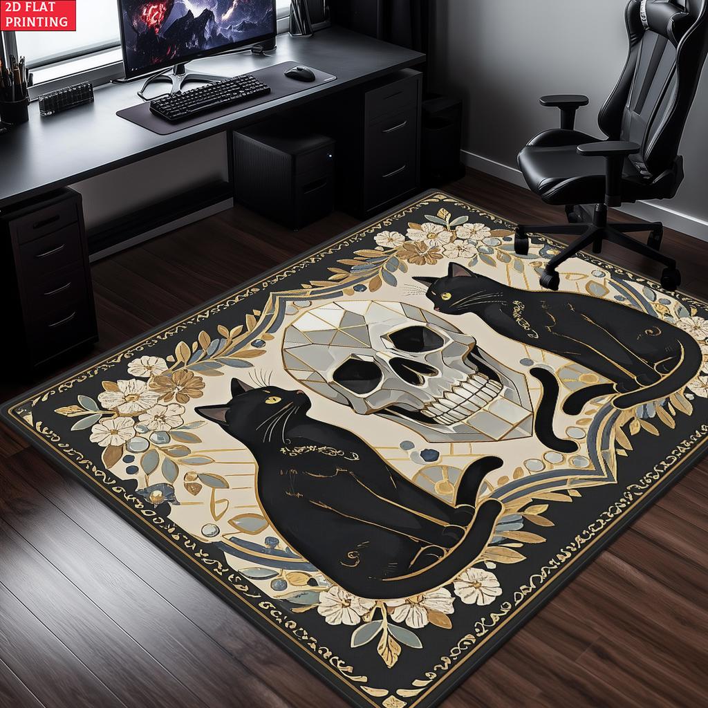 Vintage Black Cat Skull Area Rug, Floral Gothic Print Carpet for Living Room Bedroom,Aesthetic Witchy Floor Mat Home Decor