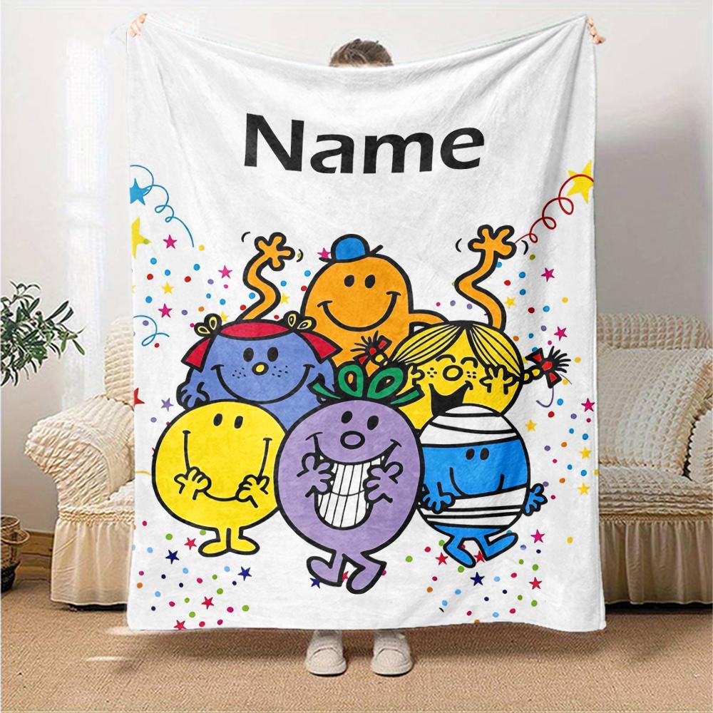 Custom Name Mr. Men and Little Miss Theme Printed Blanket - Perfect for Couch, Bed, Travel & Outdoor Use | Machine Washable, Cozy & Durable.