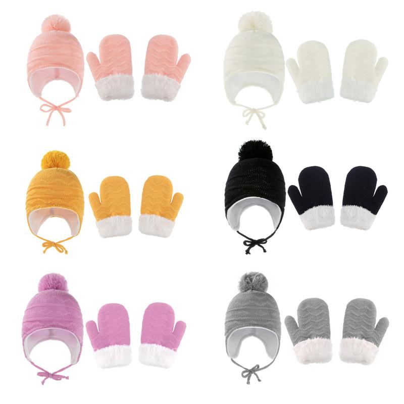 2pcs Children Winter Hat Mittens Set Solid Color Fleecelined Warm Earflap Hat Gloves Suit For