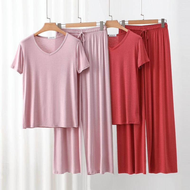 Modal Homewear 2pcs Pajamas Set Short Sleeve Tops and Trousers Solid Color Casual Loose Sleepwear Suit Plus Size Nightwear