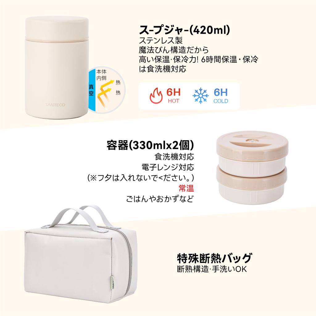 SANTECO 1080ml Vacuum Insulated Soup Lunch Includes 420ml Insulated Lunch Jar 2 PP Bento Folding and Carrying Perfect for Picnics and Club Activities