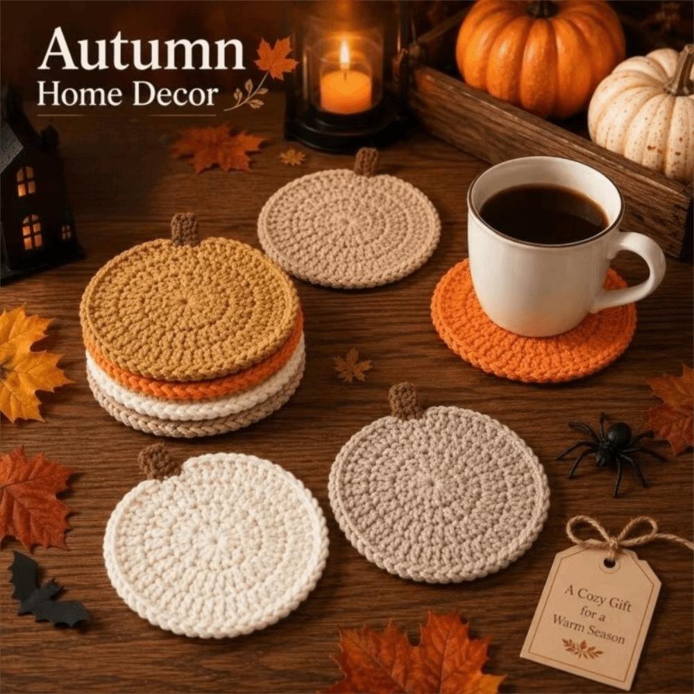 Handmade Knit Cup Mats Crochet Coffee Mugs Mats Cute Pumpkin Coasters Fall Table Decor