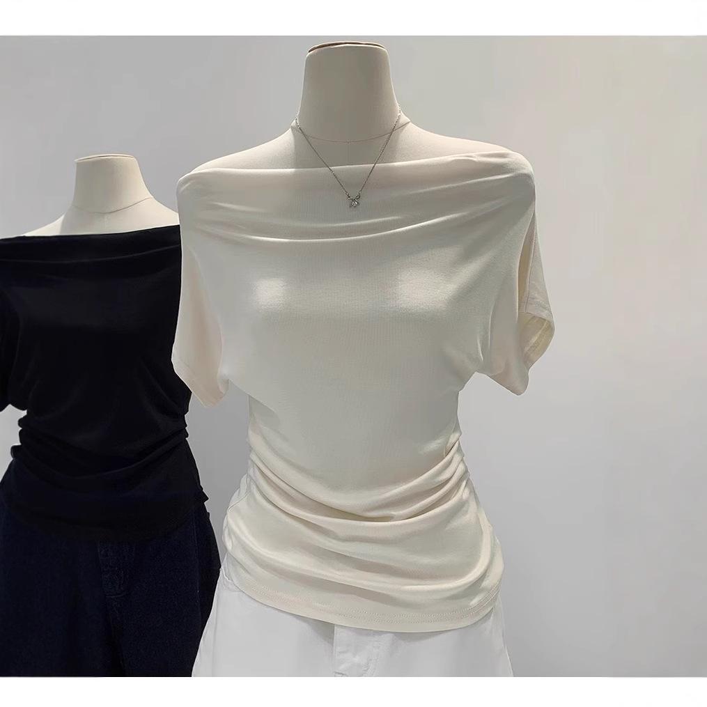 Women's French White Off-the-Shoulder Short-Sleeve T-Shirt - Unique Summer Style.