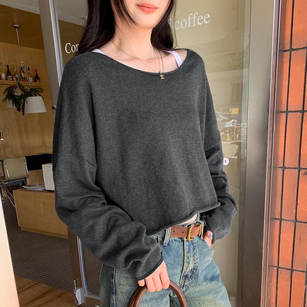 2025 New Women's Grey Knit Long Sleeve Loose Slimming Top