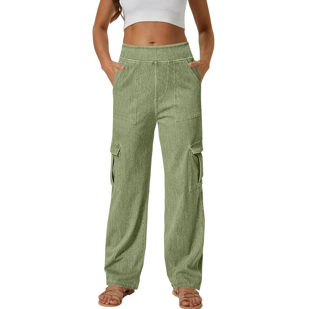 Women  Elastic High Waist Pant Casual Active  Fit Wide Leg Long Pants Trousers With Pockets