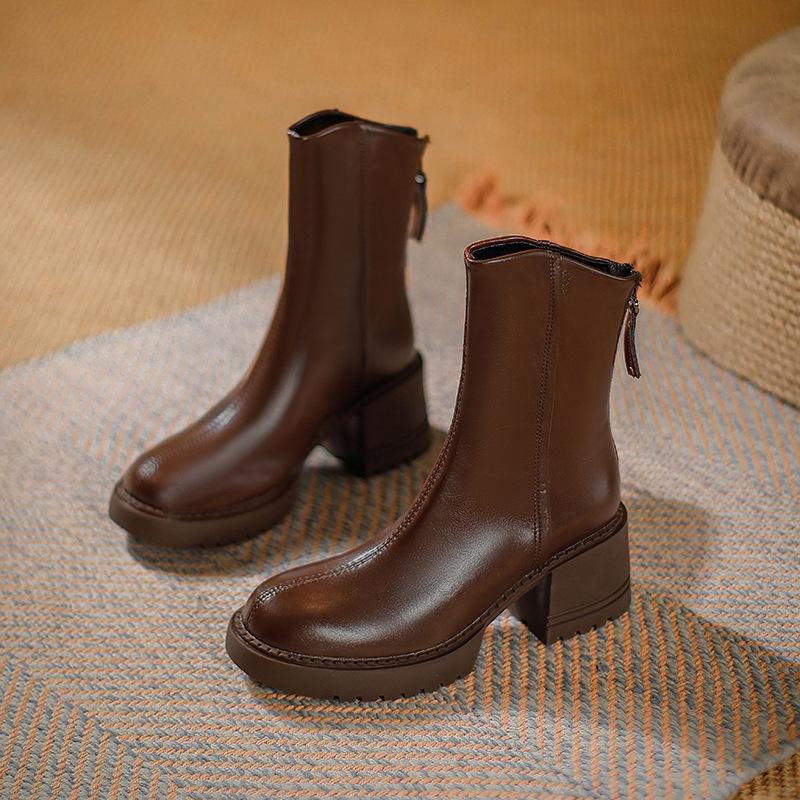 Platform Martin Boots Winter British Coarse Heel Short Boots Year Boots Brown Vintage High Heel Medium Boots