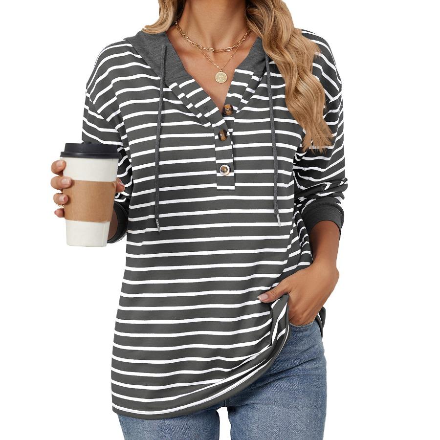 Women Autumn Winter Striped Pullover Long Sleeves Hoodies Contrasting Splicing Hooded Loose Sweatshirt for Women