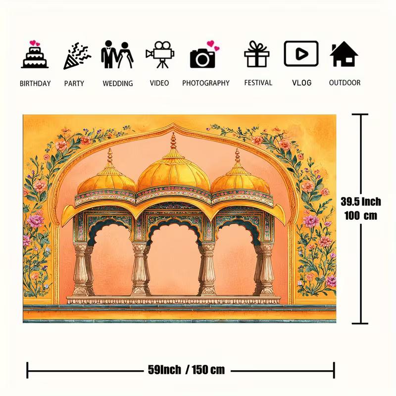 Traditional Indian 2D Backdrop, Mughal Temple Floral Watercolor Photo Background