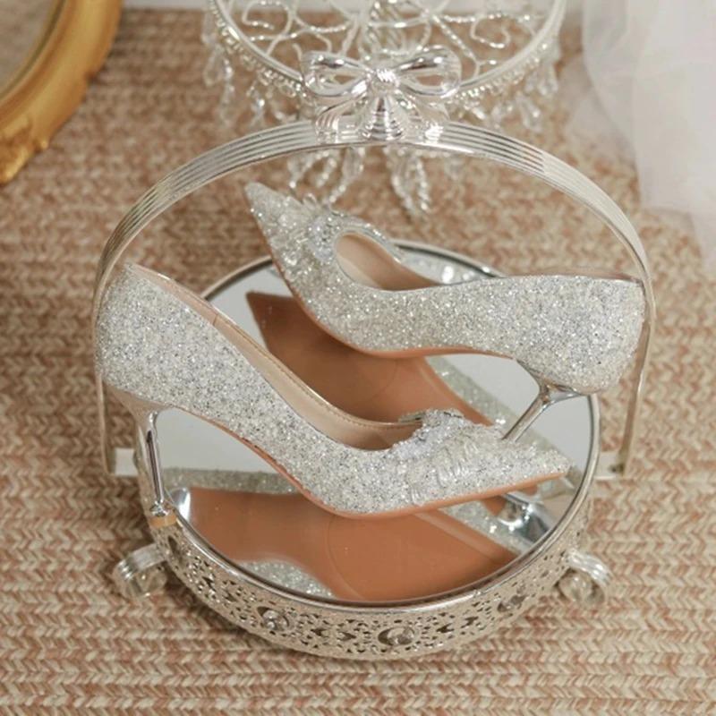 Fashion Luxury Crystal Tassels Bride Shoes for Women Pointed Toe Thin Heels Shiny Pumps Woman Slip-On Rhinestones High Heel Shoes