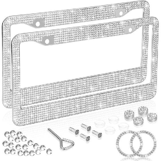 Bling License Plate Frames for Women 2 Pack, Rhinestone Crystal License Plate Cover with Bolts Washer Caps Univerasl Bling Car Accessories for Girls