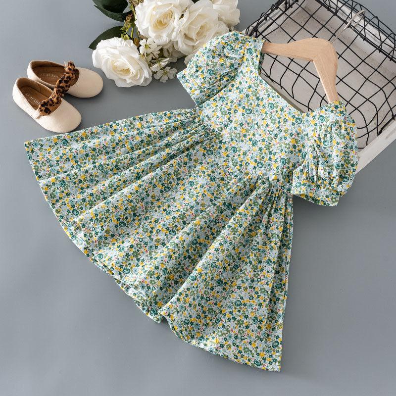 

Новое летнее платье принцессы для девочек, платье из чистого хлопка с короткими рукавами и цветочным принтом для маленьких девочек 100 зелёный