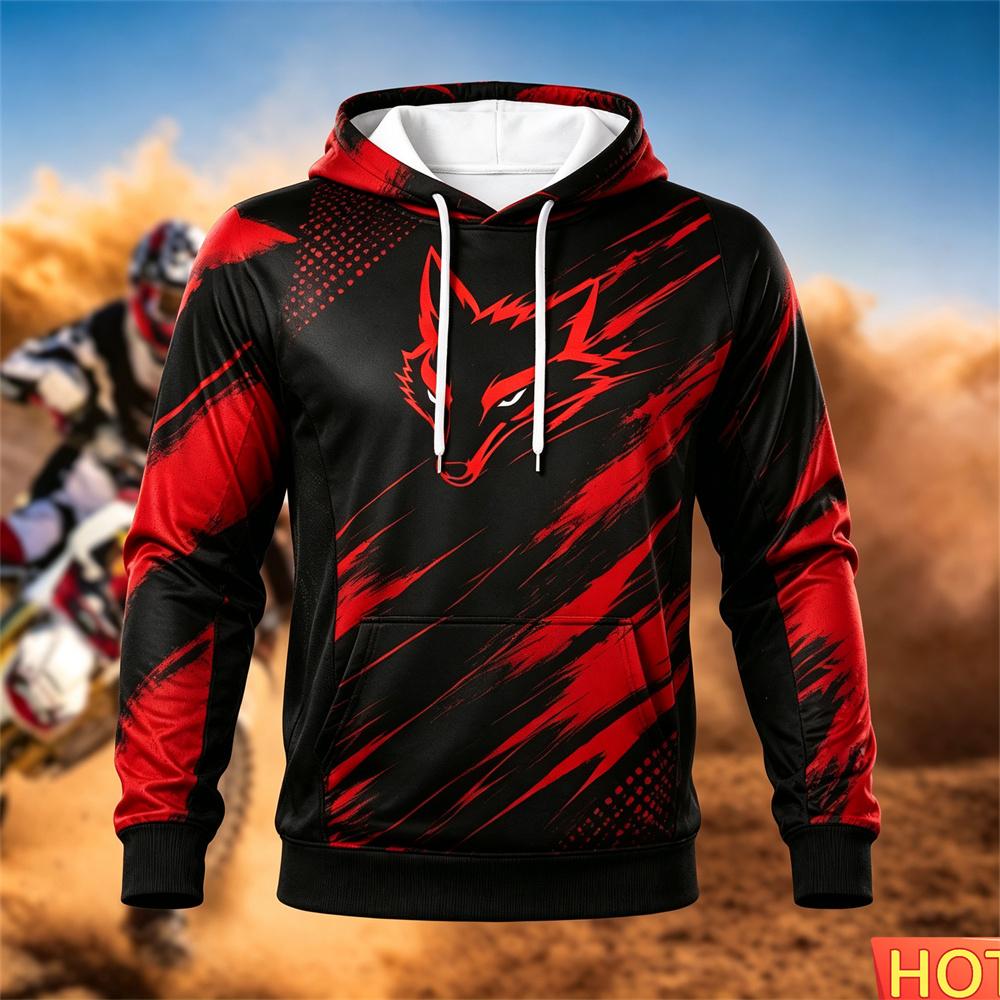Autumn/Winter Men's Racing Hoodie Outdoor Cycling Hooded Pullover Fox Pattern Pocket Hoodie Sports Motorcycle Hooded SweatshirtsUnisex Woman's