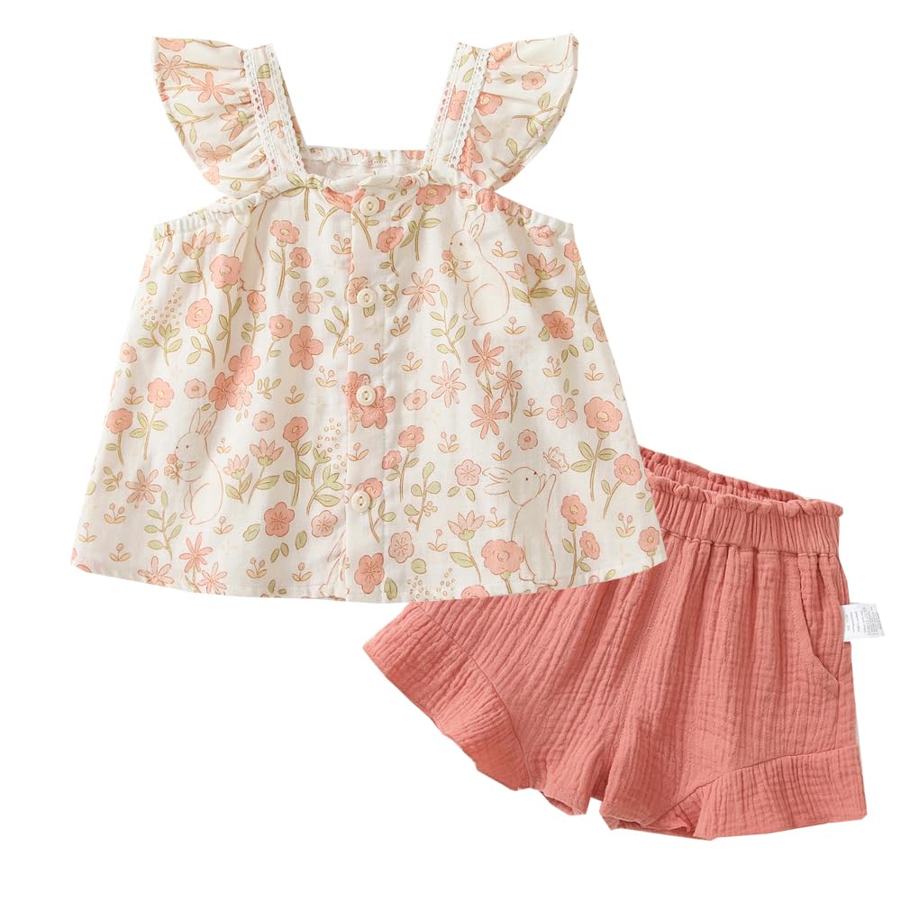 Reegoo Peter Baby Shirt and Pants with Ruffle Summer Ages Girls' 2-Piece Set, Sleeves, Clothes, 100% Cotton, Pink, 2-3