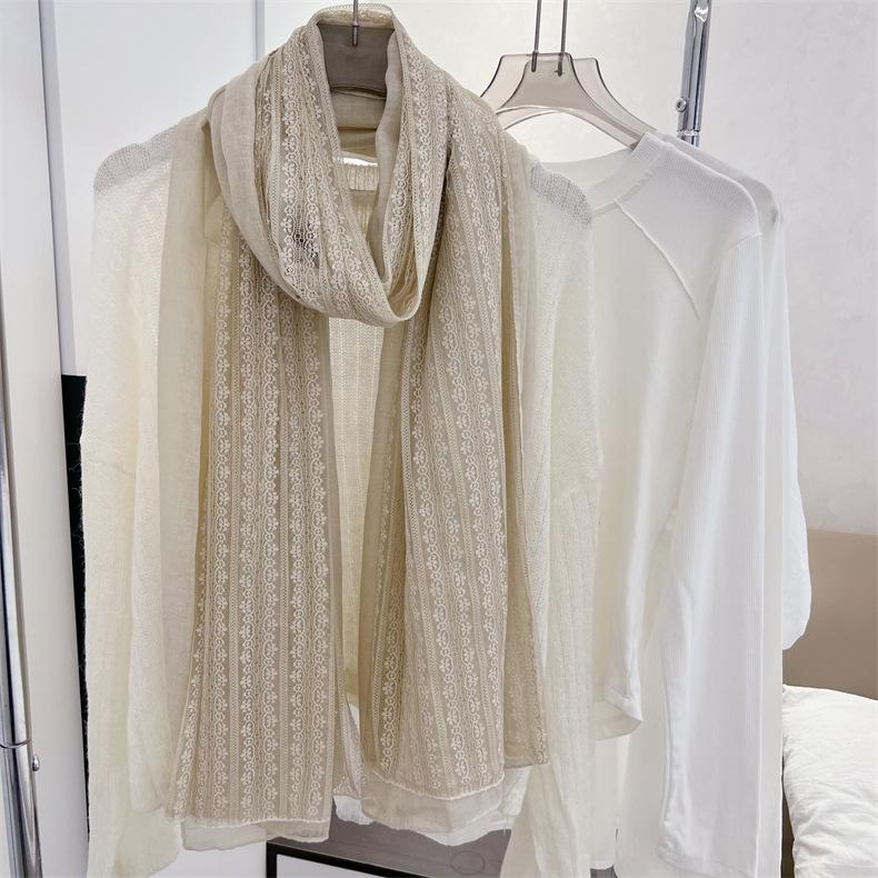 Korean Style Literary Linen Color Cotton Linen Thin Scarf Fashionable Women's Outer Shawl Spring and Summer Fashionable Solid Color Lace Scarf