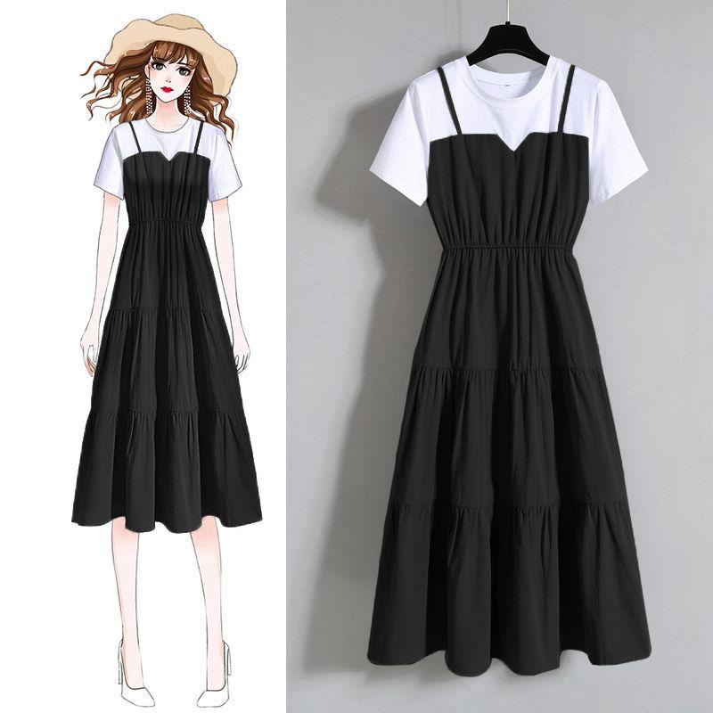 Fashion Strap Fake Two Piece Dress Block Summer Short Sleeved Dress Women's Waist Tight Dress