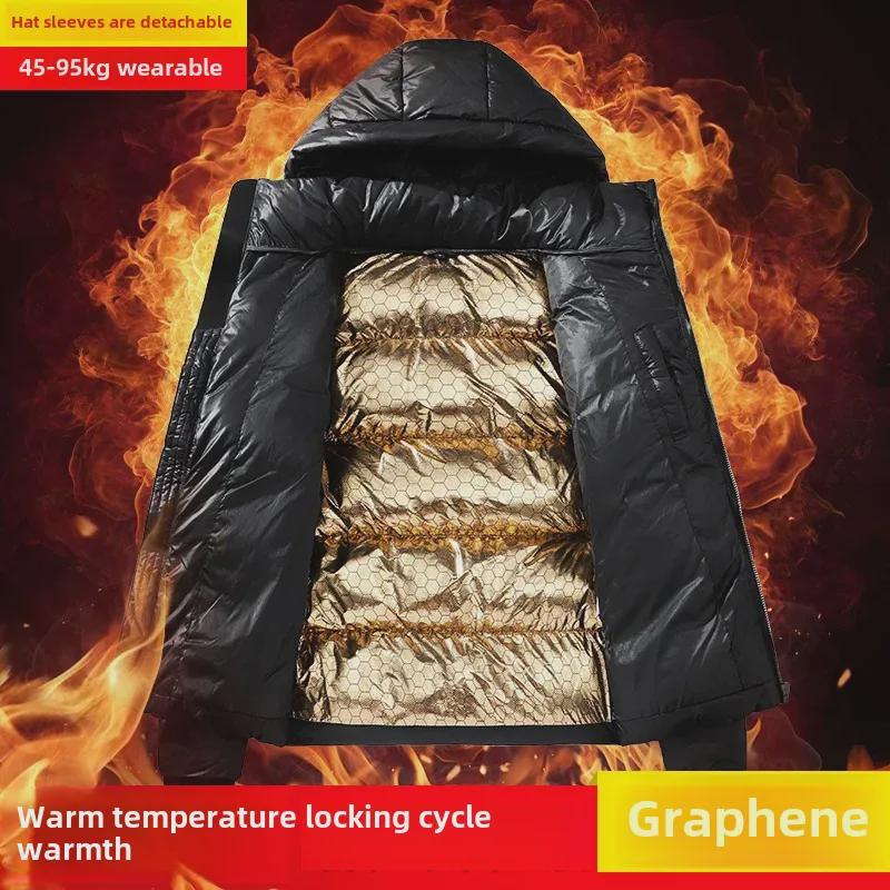 Herren Winter Graphen Baumwolljacke mit Selbstheizung und abnehmbarer Kapuze, verdickt für Wärme - Schwarz und Gold.