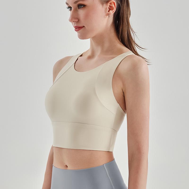 Dámská vysoce pevná jógová vesta: Broušený pocit nahoty, Jednodílná pevná košíčková, Nárazuvzdorná sportovní podprsenka se zádovým zapínáním
