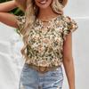 European and American Popular Women's Clothing Printed Lotus Leaf Edge V-neck Petal Sleeve Short Sleeve
