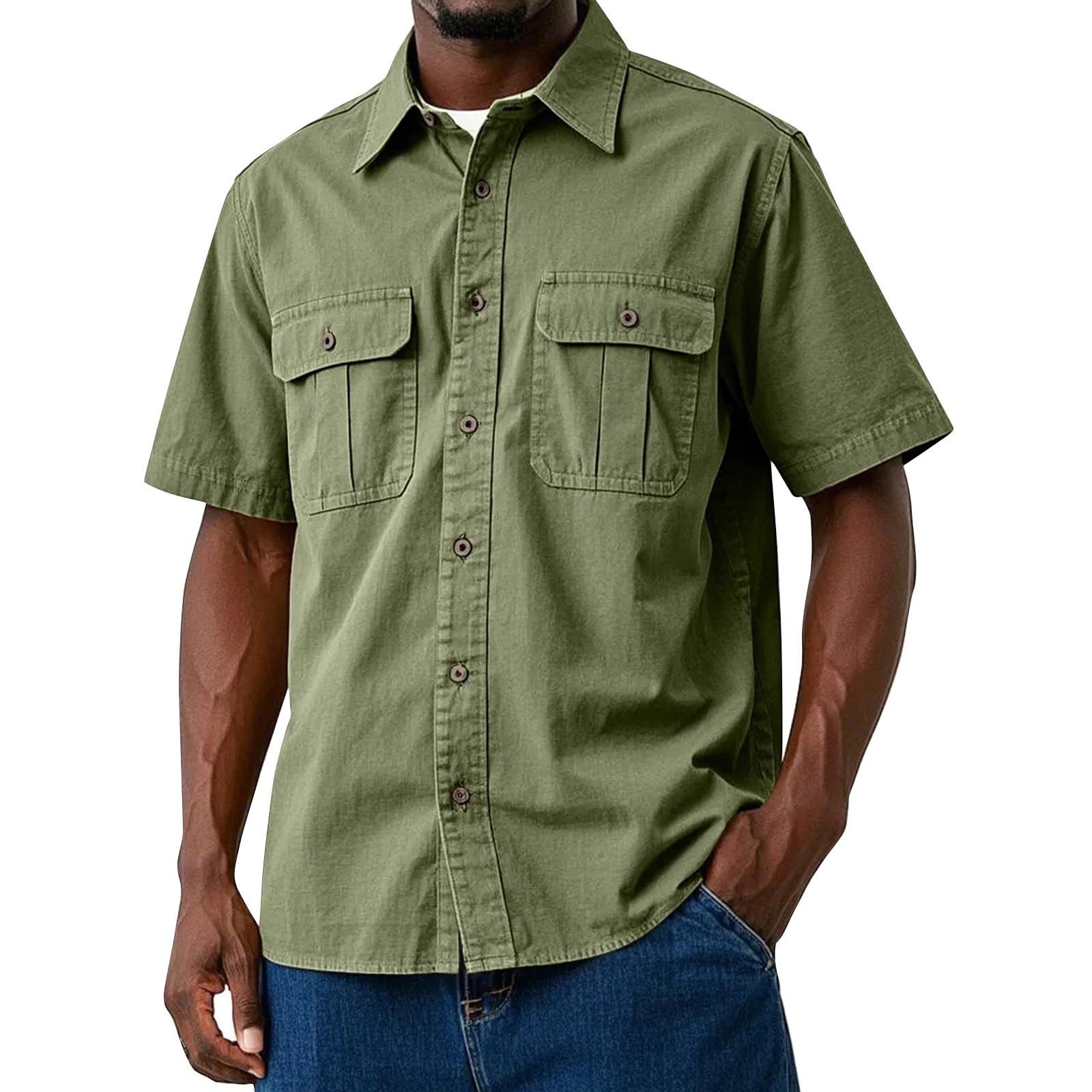 

Мужская летняя однотонная рубашка с лацканами и короткими рукавами, мужская повседневная модная рубашка с короткими рукавами L армия зеленый