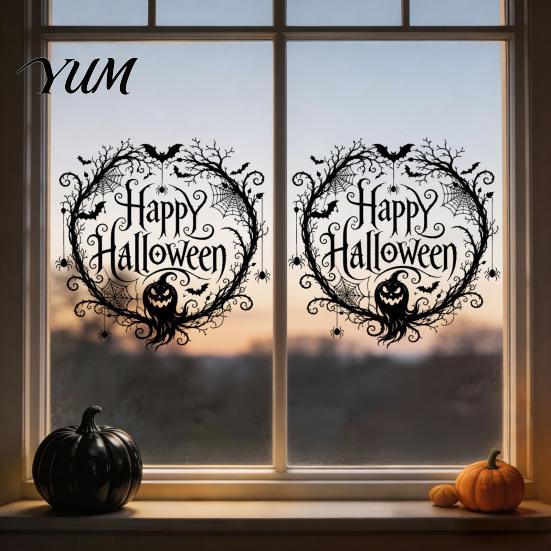 Dark Theme Party Decor Halloween Static Window Clings, Spider Web Pumpkin Happy Glass Translucent Festive Ornaments Decor, Adhesive-Free Clings Decals